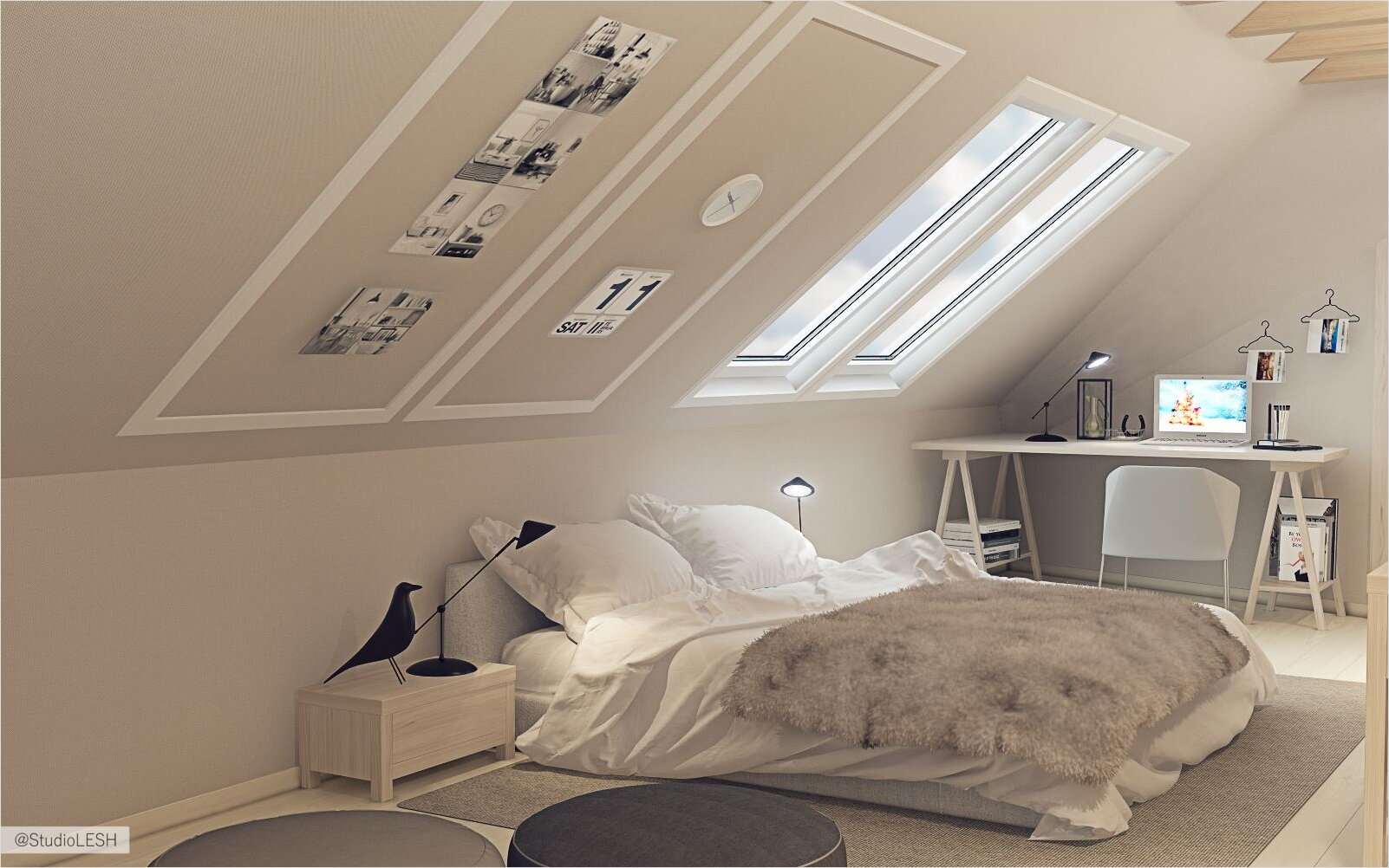 Оформление спальни с окном в крыше
