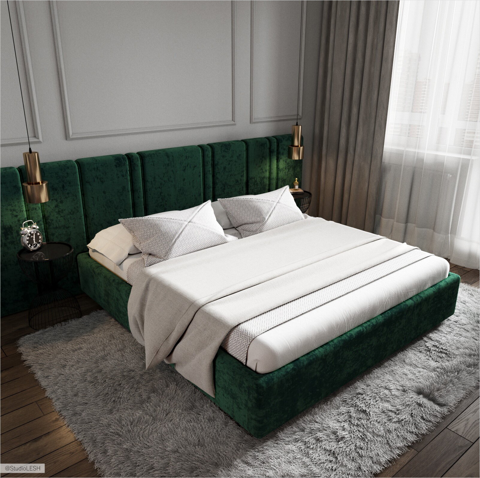 Изумрудная кровать с большим изголовьем