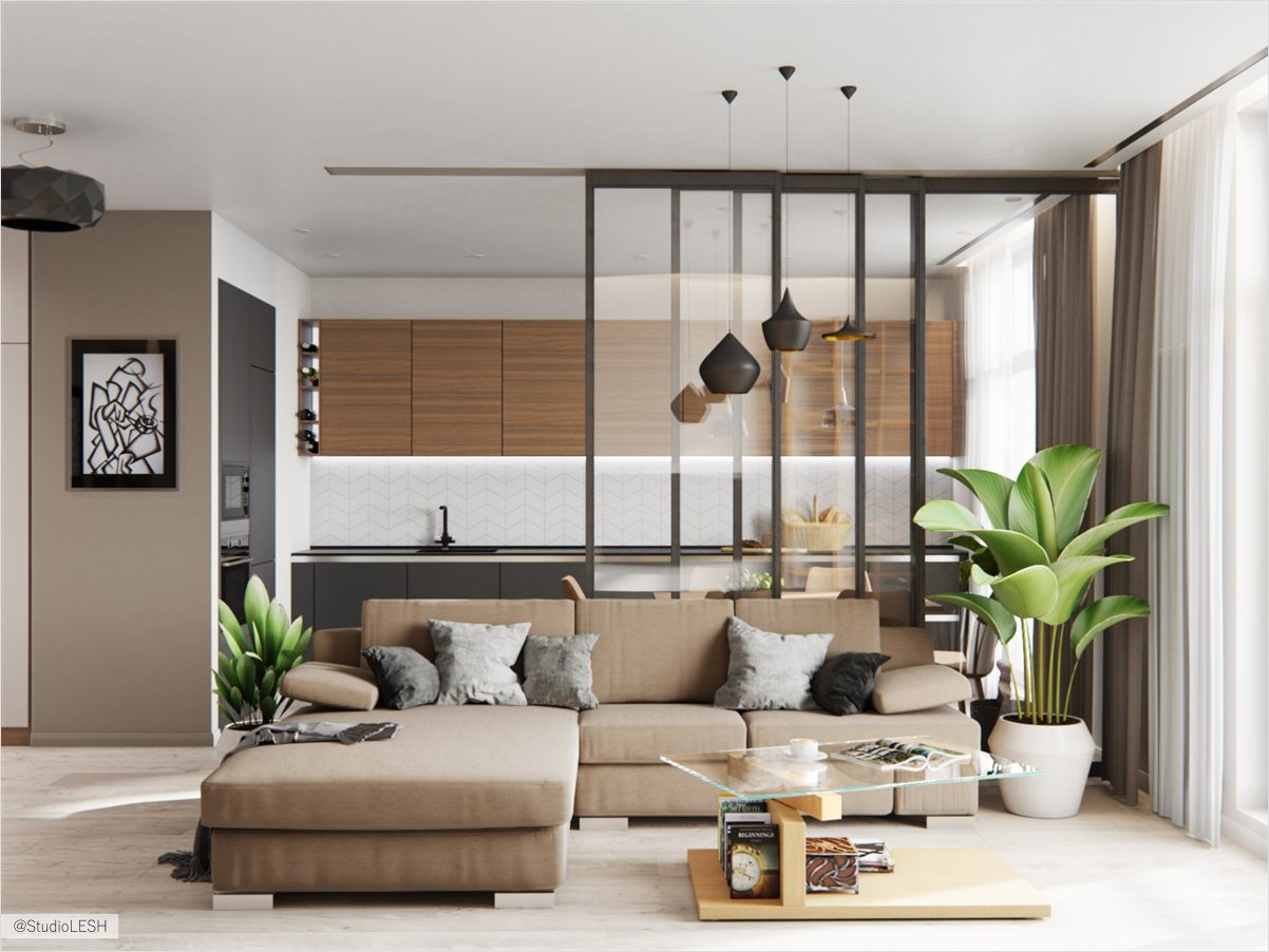 Гостиная, диван, вид на кухню - LESH Дизайн интерьеров