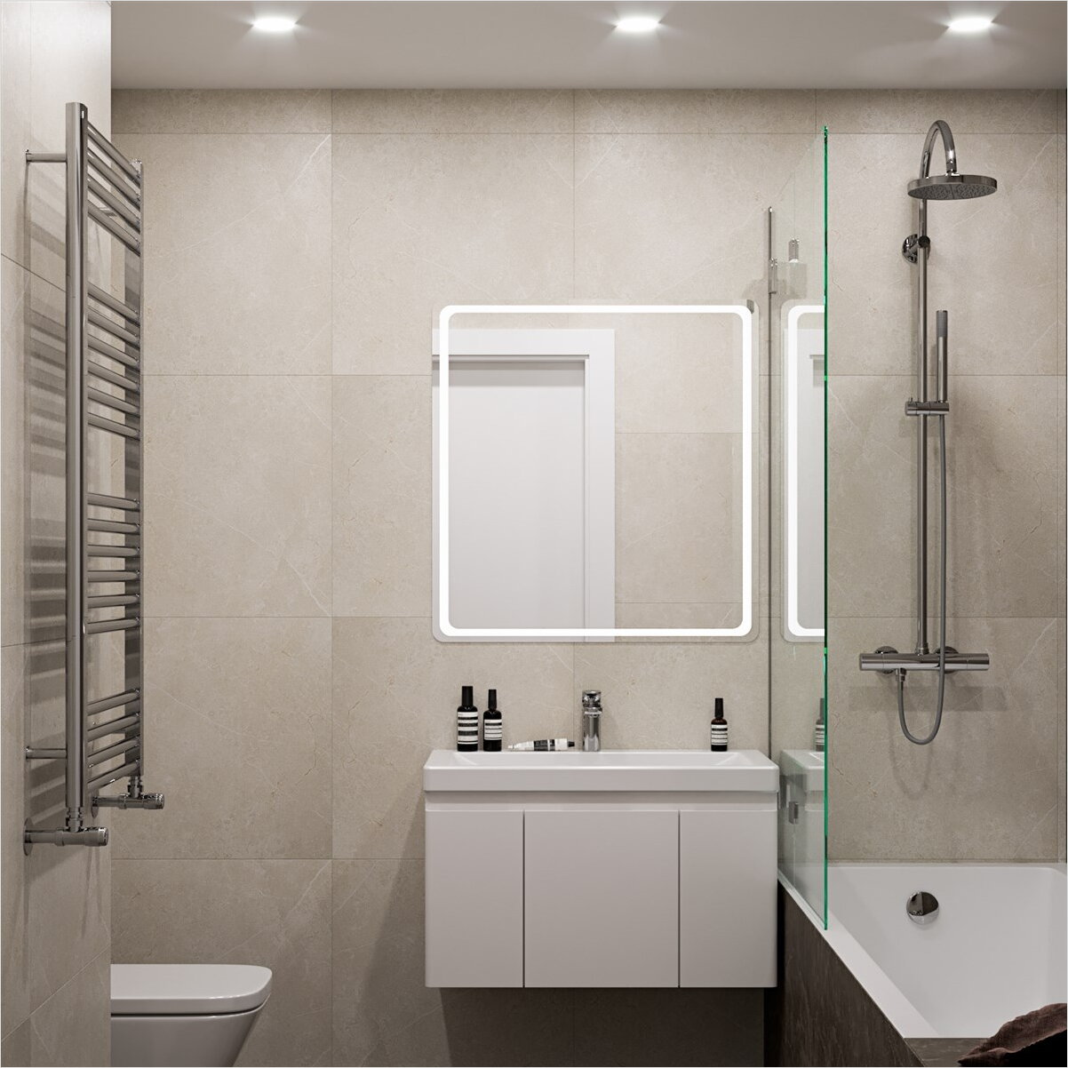 Ванная комната, керамогранит, плитка, зеркало с подсветкой