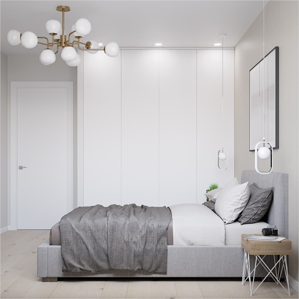 Современная спальня, встроенный шкаф, верхний свет