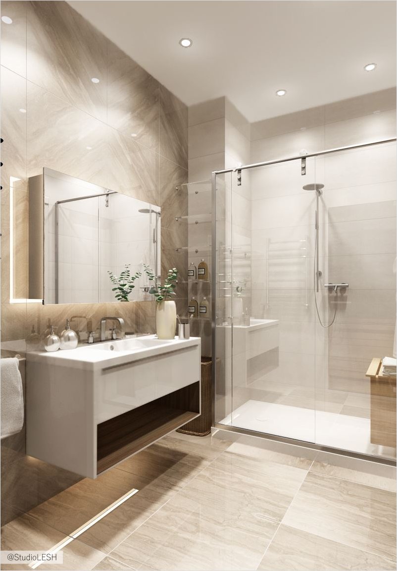 Оформление ванной комнаты, стеклянный душ