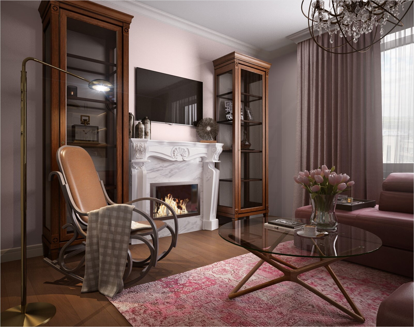 Интерьер гостиной в классическом стиле с камином