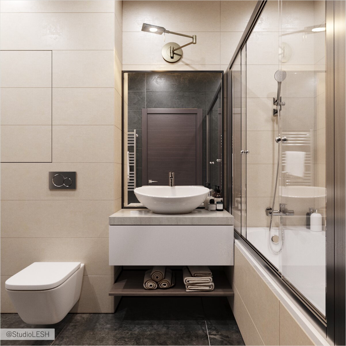 Санузел в современном стиле с подвесным унитазом