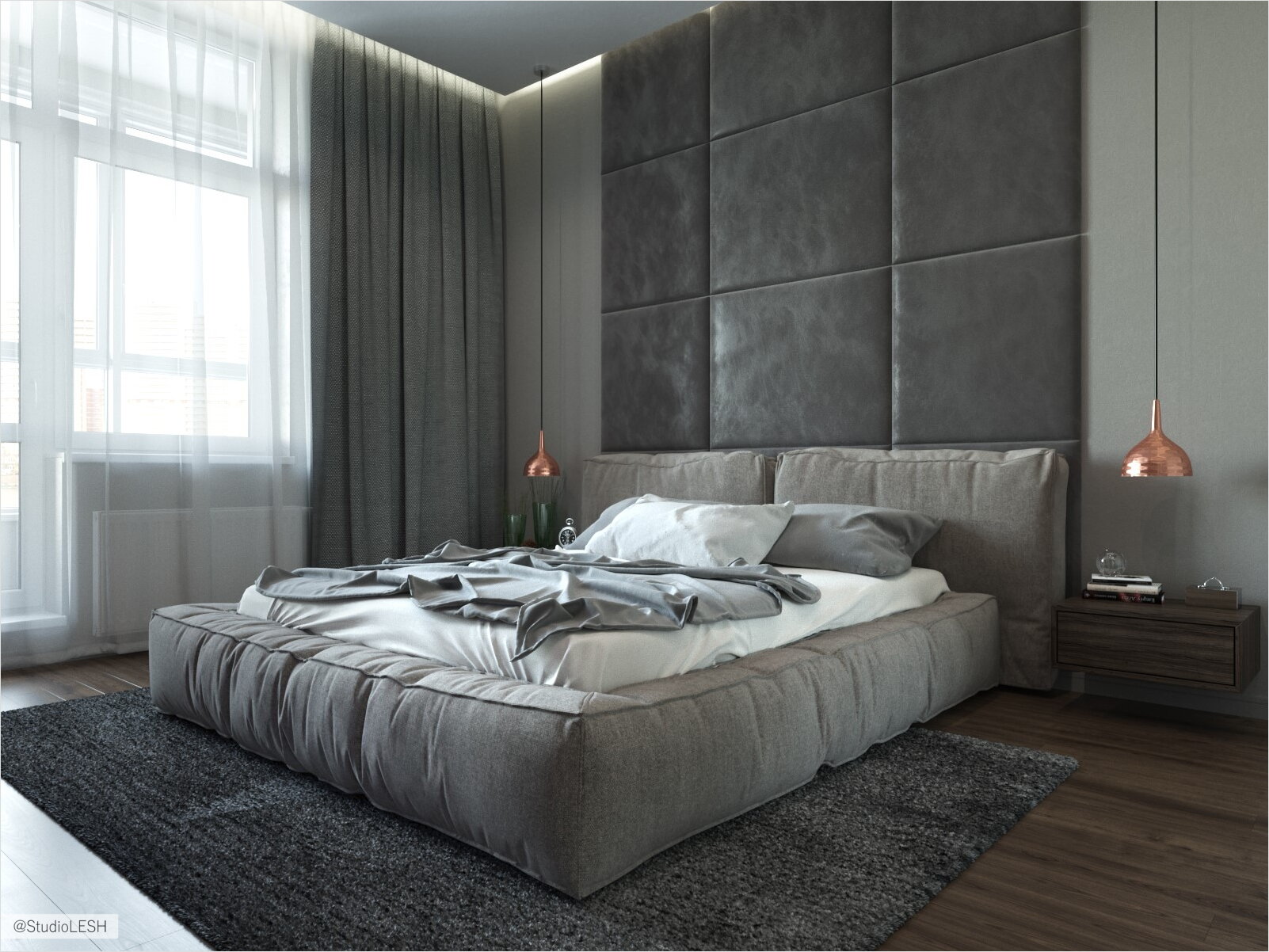 Тканевые панели в спальне за краватью