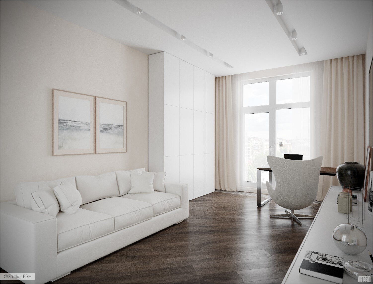 Белая гостиная с панорамным окном