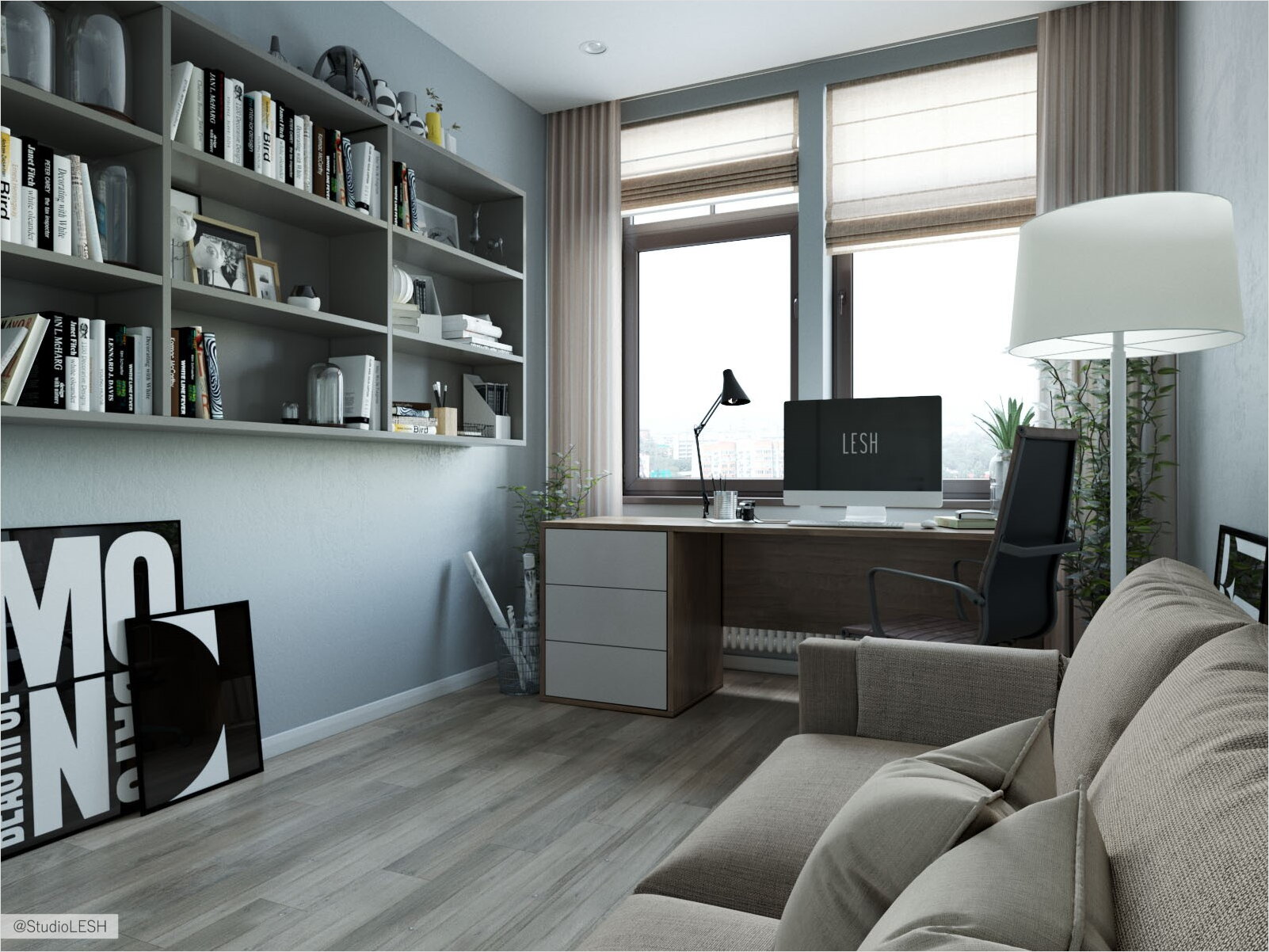 Стильный кабинет со столом у окна