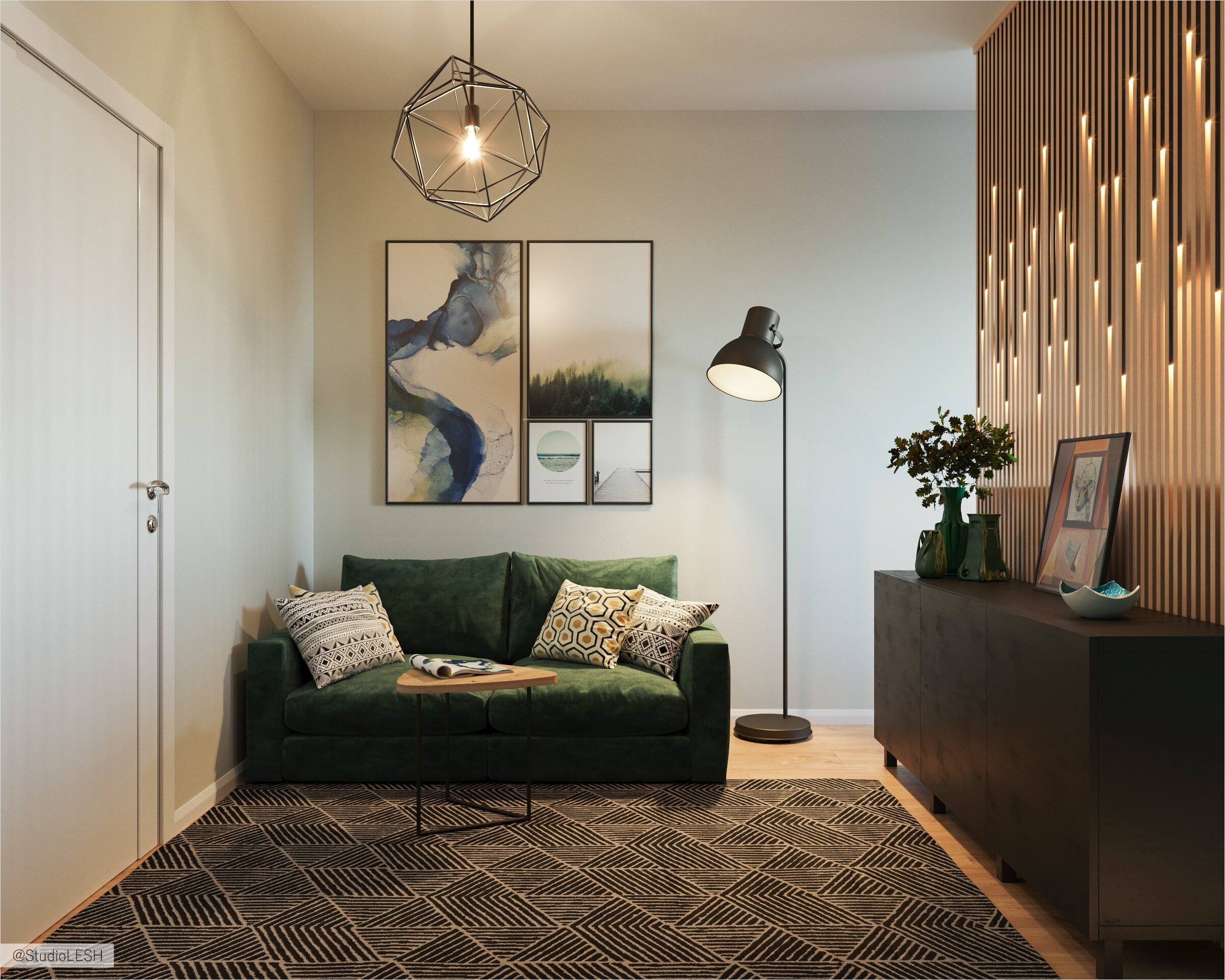 Зеленый диван в гостиной комнате