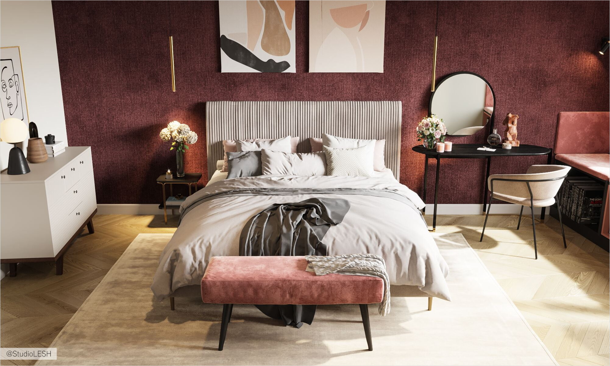 Modern bedroom in Burgundy color