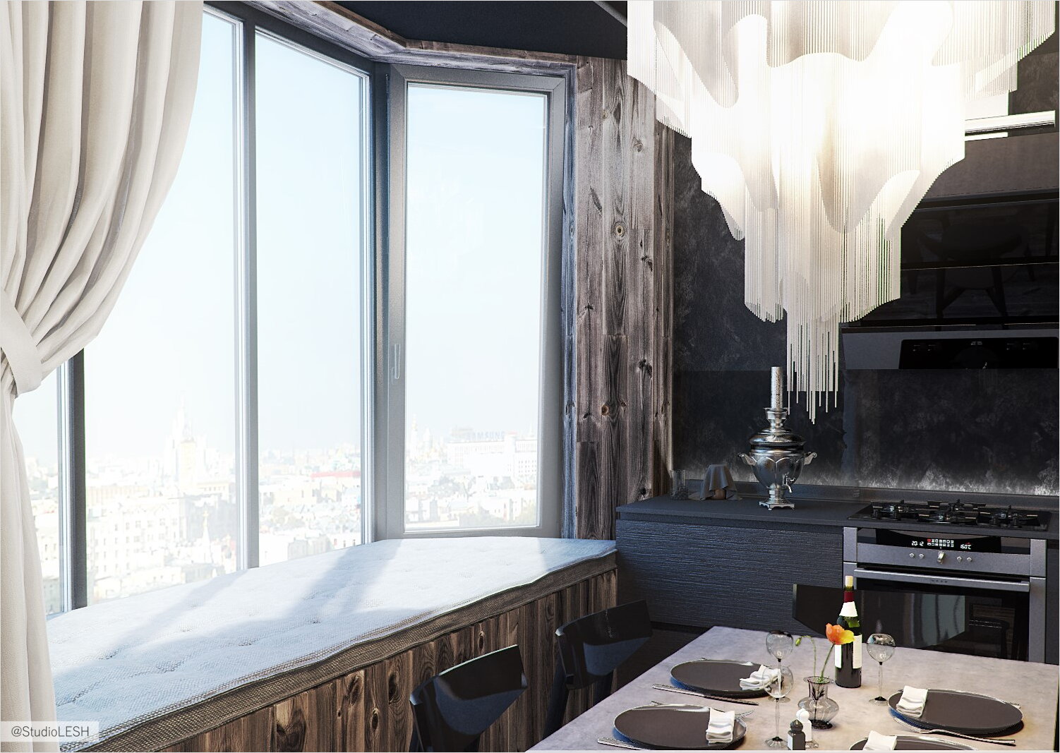 Эркер на кухне, мягкий подоконник