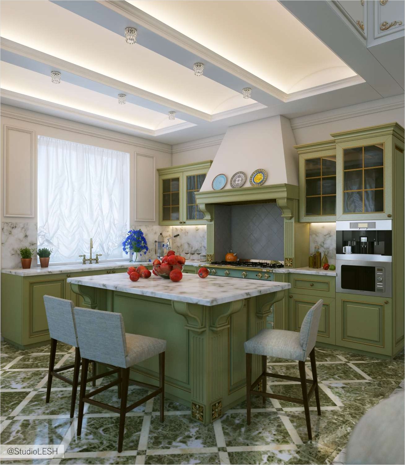 Интерьера кухни в загородном доме, в классическом стиле