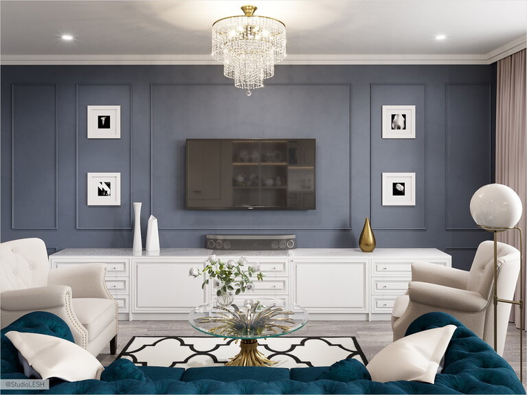 Синяя стена в интерьере