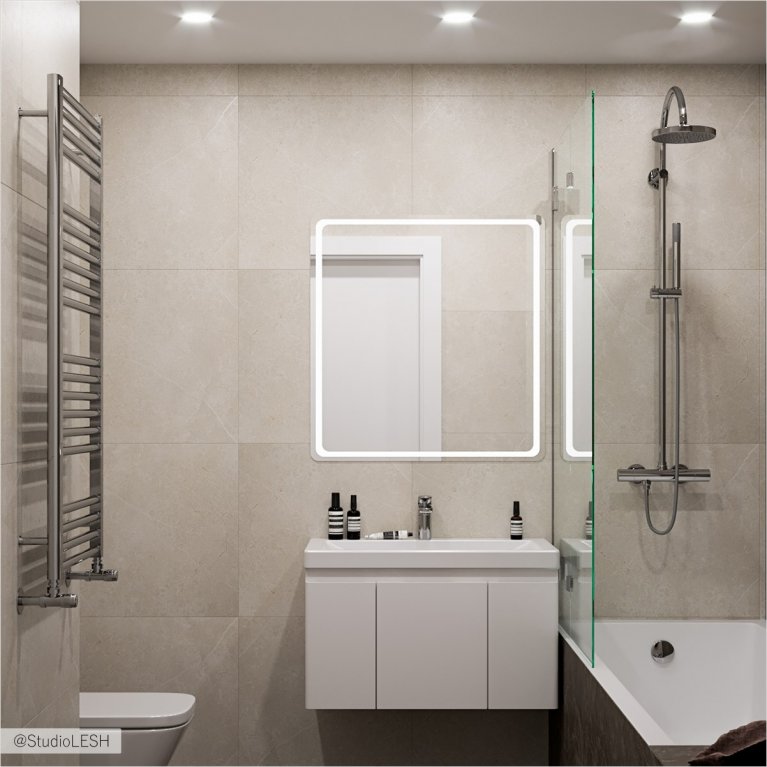 Ванная комната, керамогранит, плитка, зеркало с подсветкой