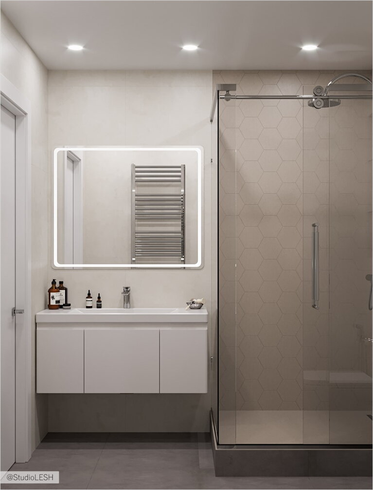 Ванная комната, керамогранит, плитка, зеркало с подсветкой