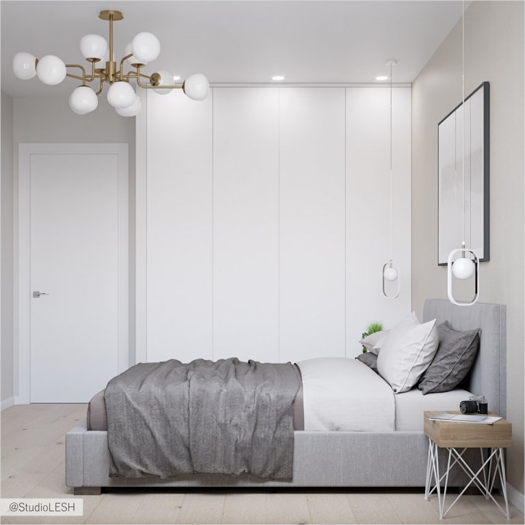 Современная спальня, встроенный шкаф, верхний свет