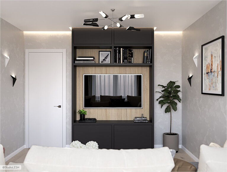 Маленькая гостиная, TV-зона, чёрный шкаф, закарнизная подсветка, бежевый диван