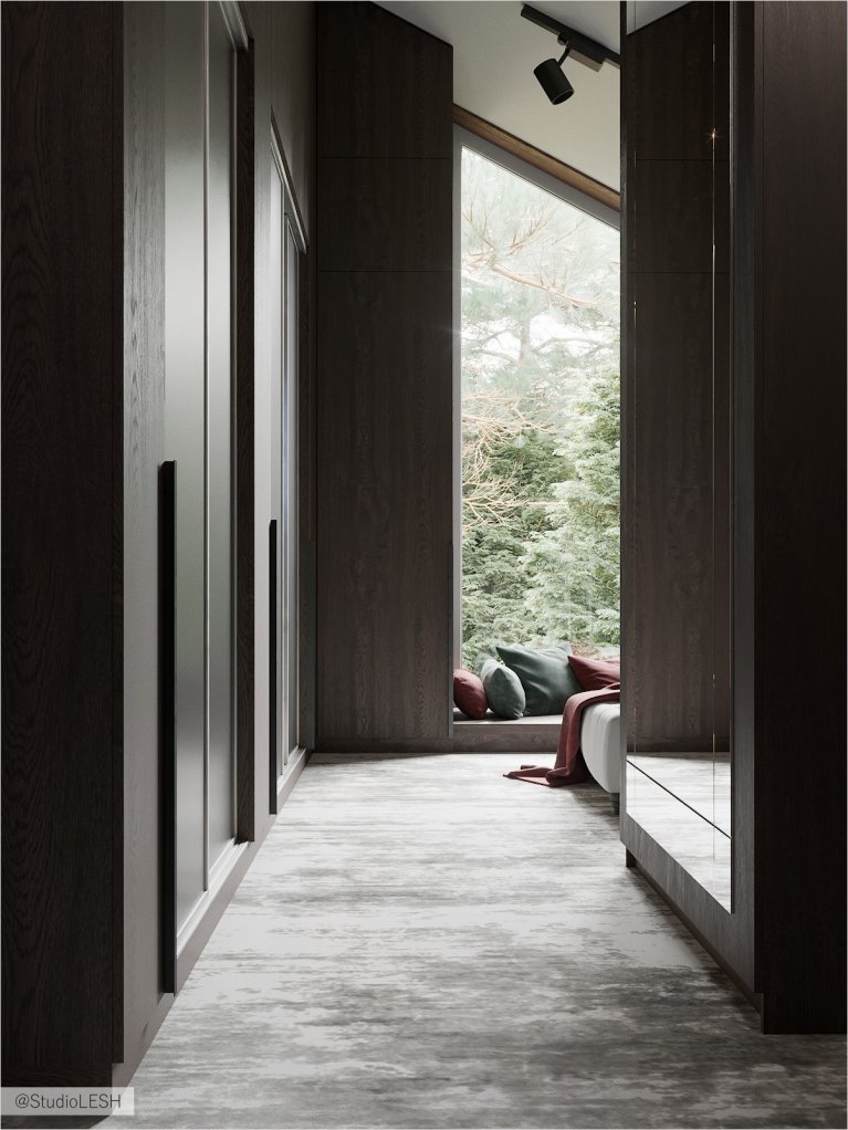 The cloakroom in dark colours