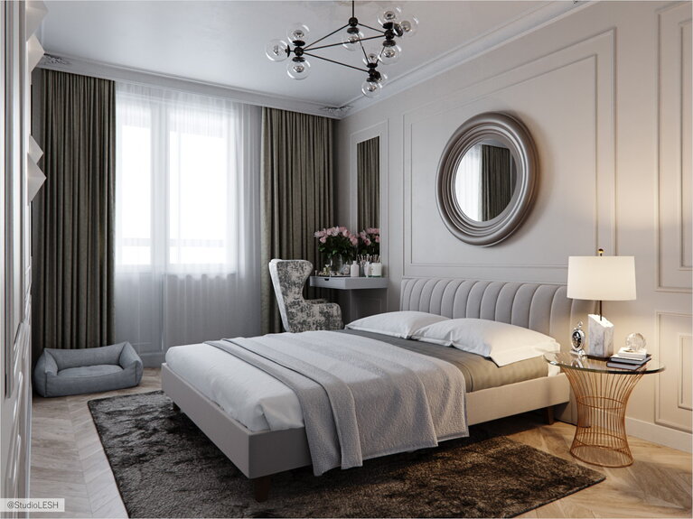 Neoclassical bedroom with round mirror
