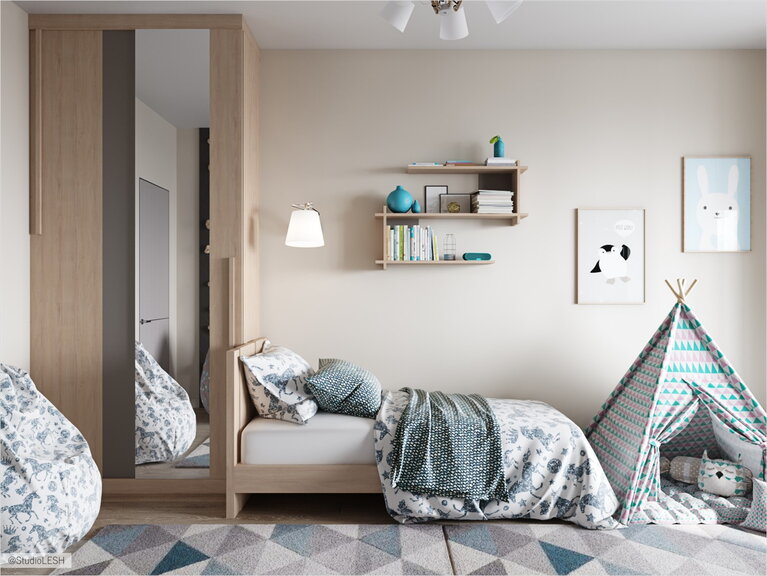 Light room with the storage zone from floor to ceilings