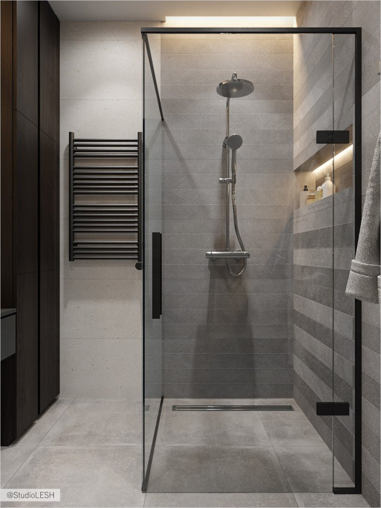 Shower room with the glass curtains