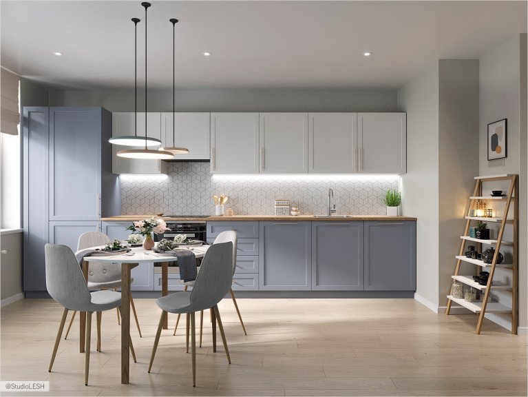 Spacious kitchen in blue and white pastel shades