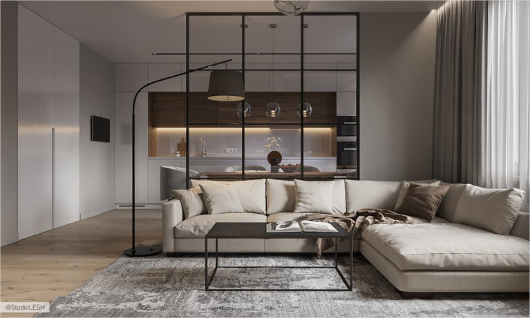 Стеклянная перегородка в просторной гостиной