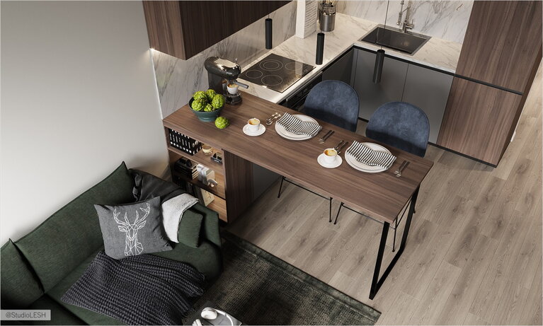 Combined kitchen with living room in scandinavian style