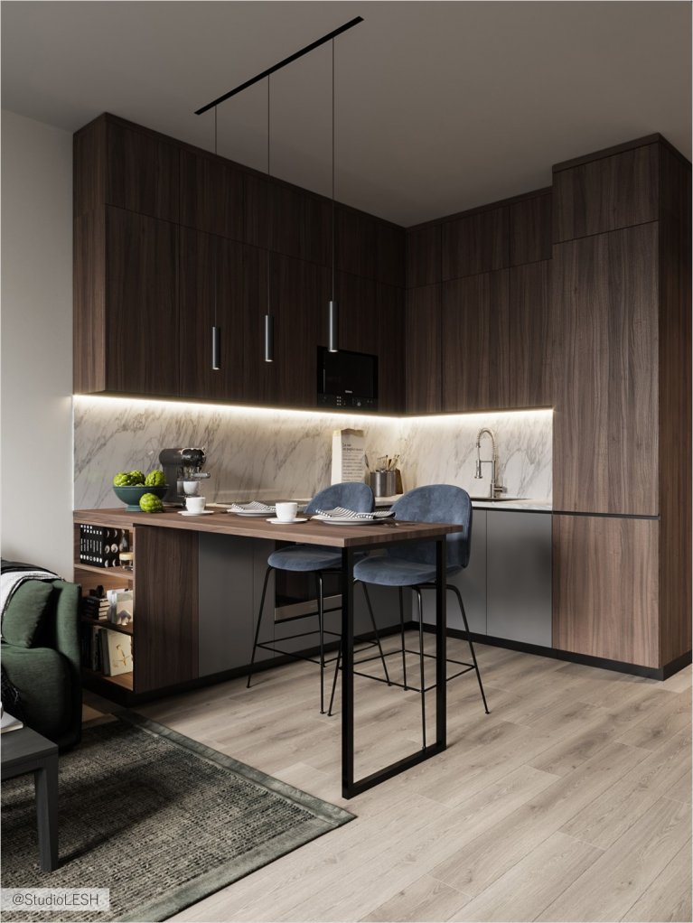 Zoning in combined kitchen with living room  with the table from dark wood