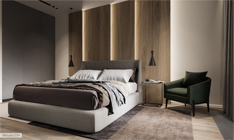 Large bed in the bedroom with a creative headboard