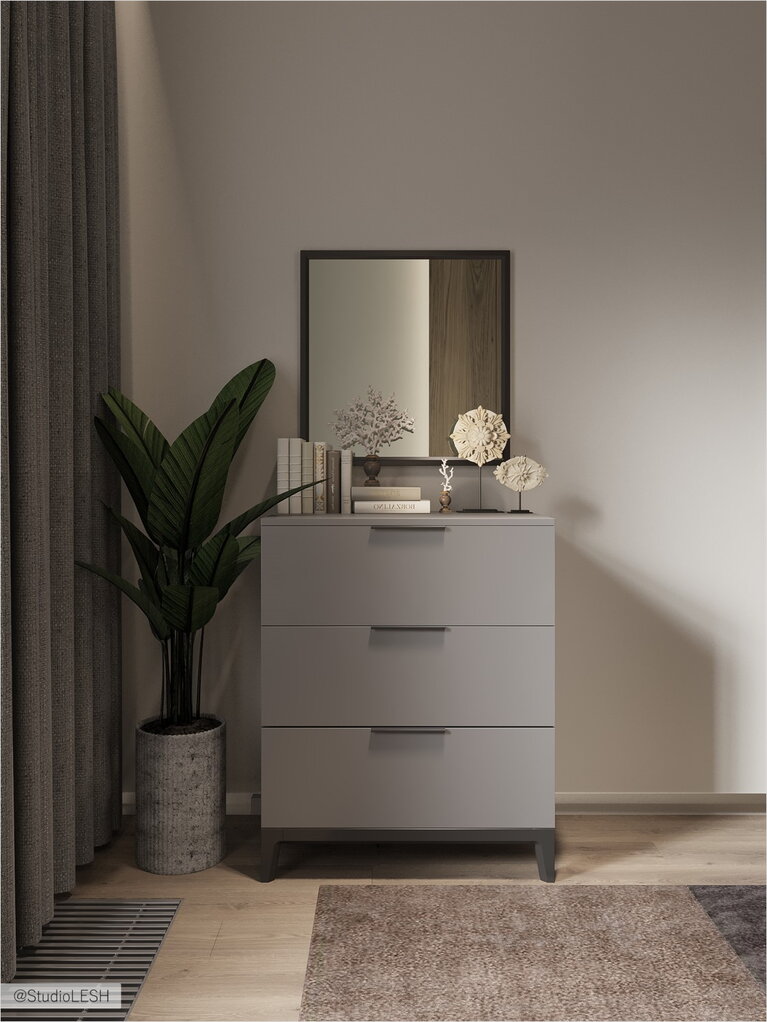  A nightstand in the bedroom in the Scandinavian style with a mirror