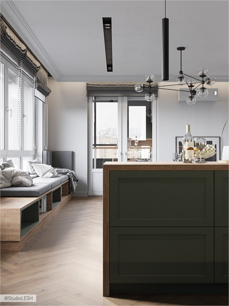  Kitchen-living room in bright colors with accents on pastel green