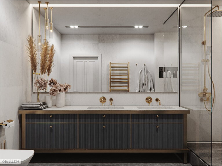  Double washbasin with sinker and glass partition in the shower room
