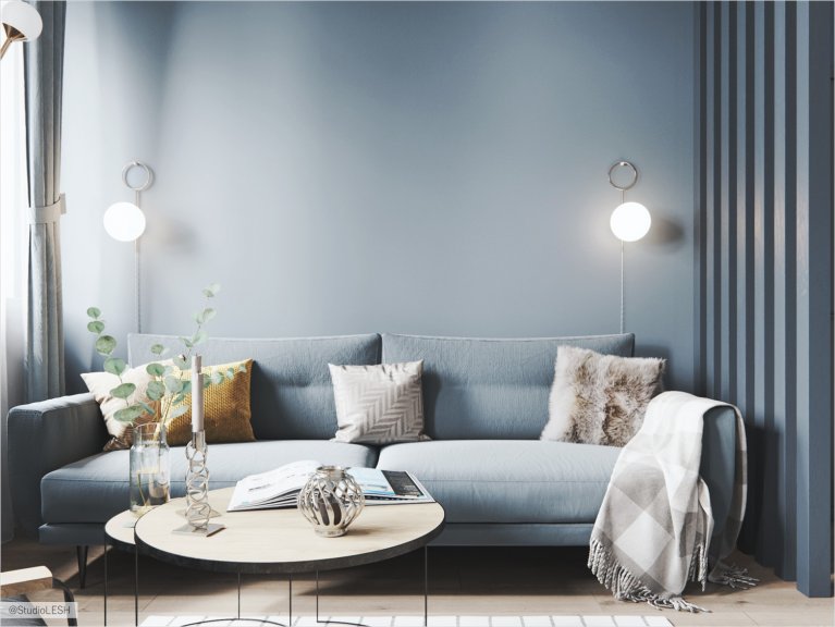 Blue living room in scandinavian style with acsessories