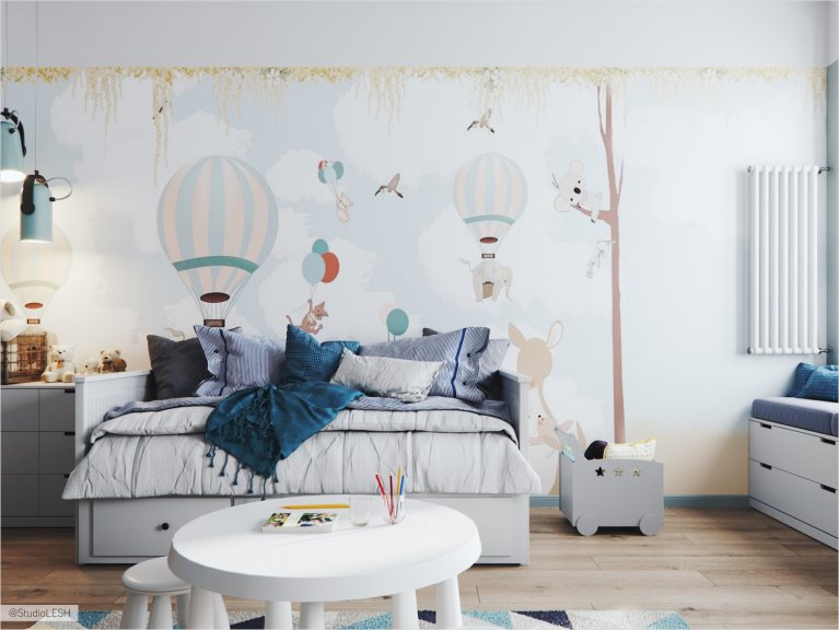  Spacious children's room with an interesting pattern on the wall