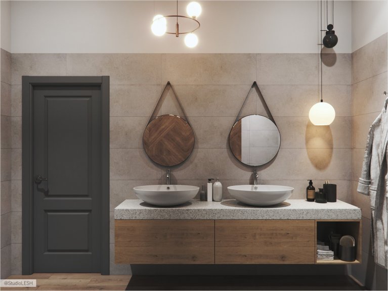  Double washbasin in the bathroom with round mirrors to underline the geometry