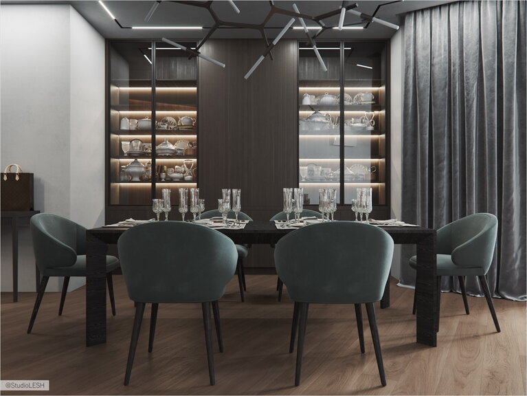  Dining room with a large table and an open storage area for dishes