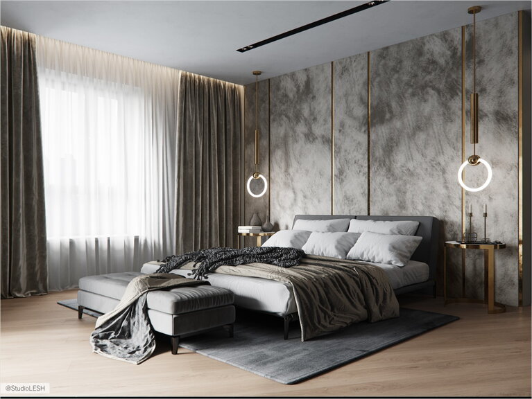 Huge bedroom with high ceilings and windows