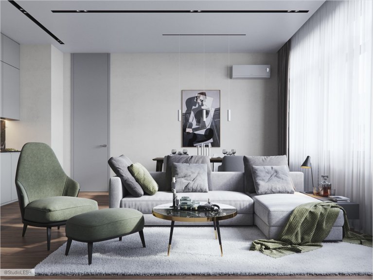  Bright interior with pistachio-colored accents and individual elements