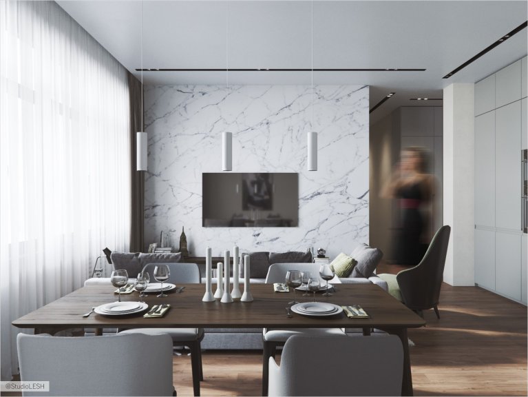  Dining group in the kitchen-living room for a family of three