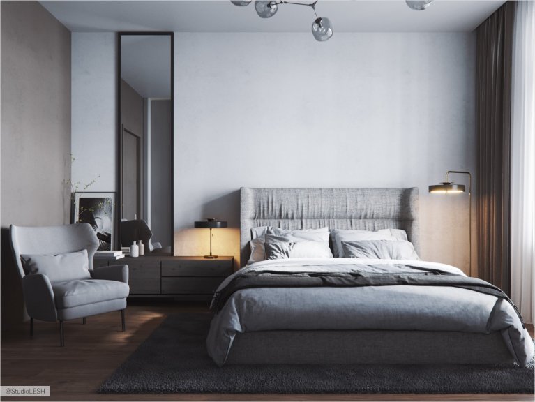 Bright bedroom in modern style with a large double bed