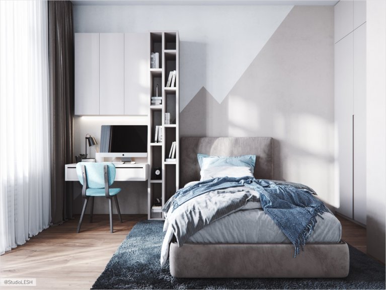 Children's room with a compact work space and a single bed