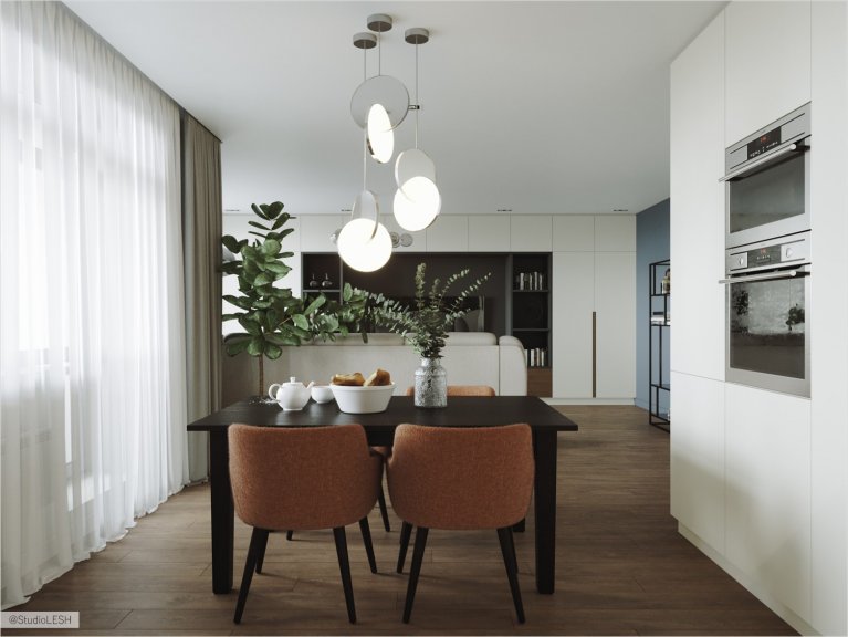 Brown shades in the minimalist dining area in the kitchen.