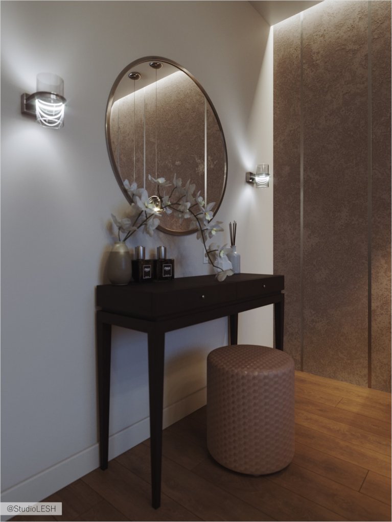  Dressing table with a round mirror.