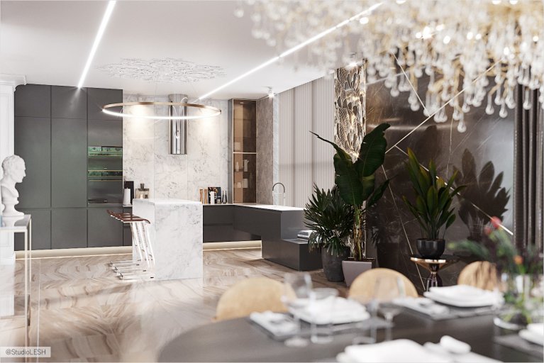 Spacious kitchen-living room with corner kitchen