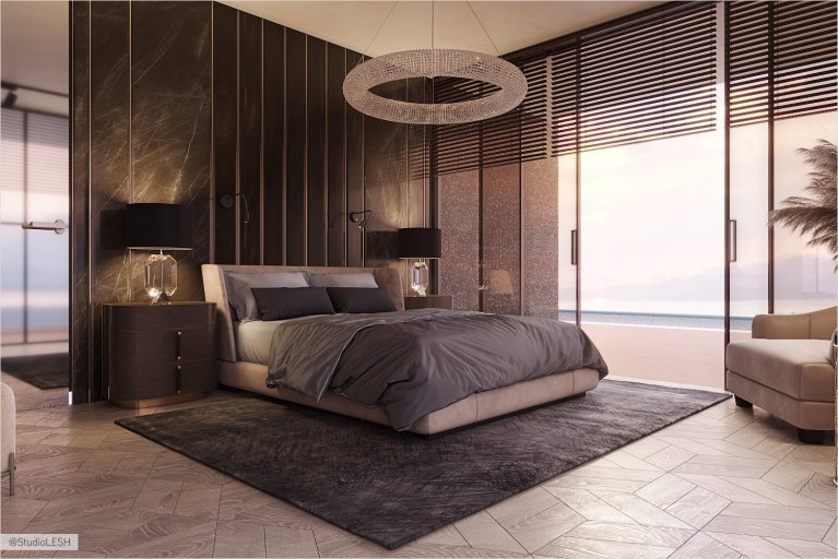 Bedroom with panoramic windows and mirrored floor doors