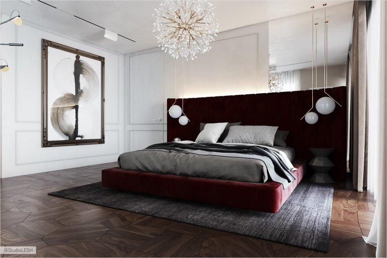 Modern style bedroom with creative painting on the wall