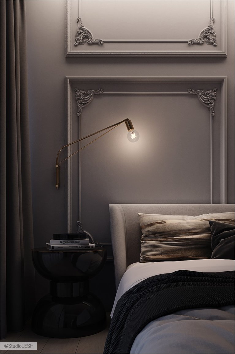 Floor lamp in the bedroom in gray shades