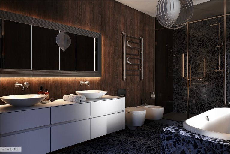 Terrazzo tile in the bathroom with a long mirror on the wall