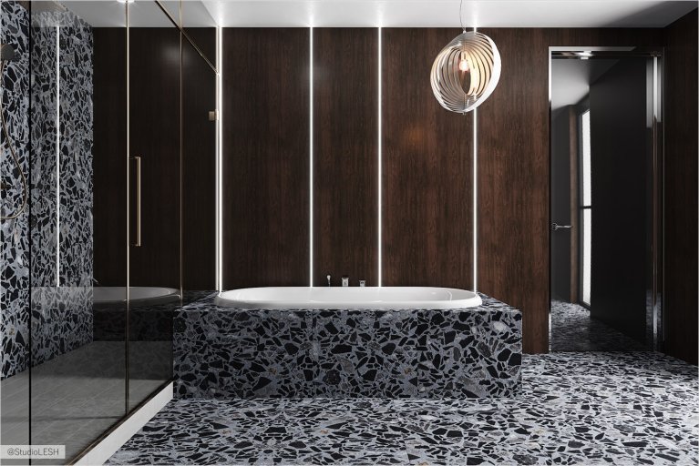 Freestanding bathtub in the bathroom with wood elements and a shower room behind dark glass