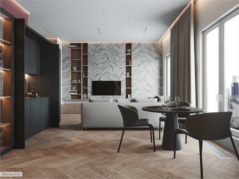  Kitchen-living room with French windows and Leicht kitchen